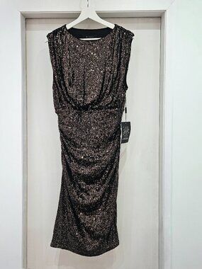 White House Black Market Sequin Ruched Midi Dress, Gunmetal color, Size M, NWT